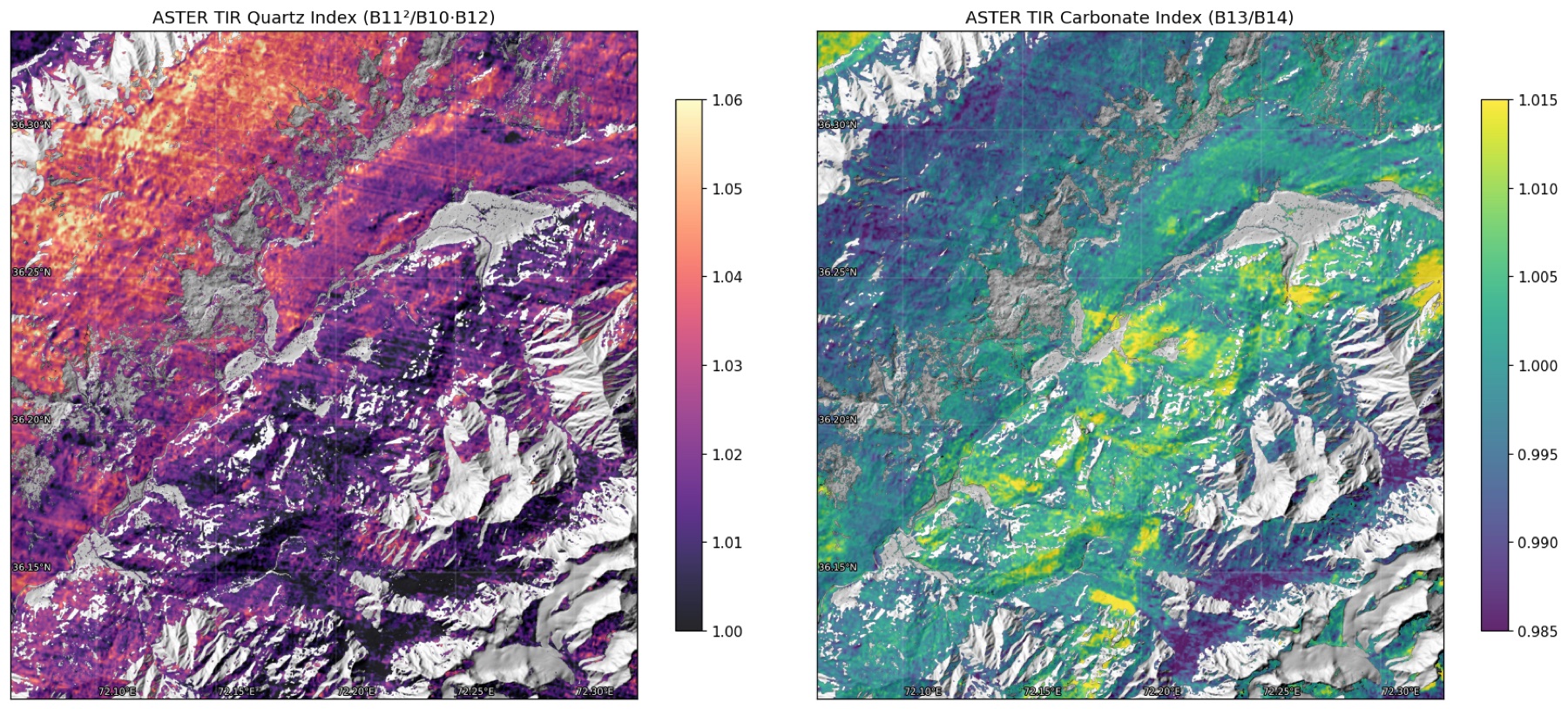 ASTER thermal quartz and carbonate index maps