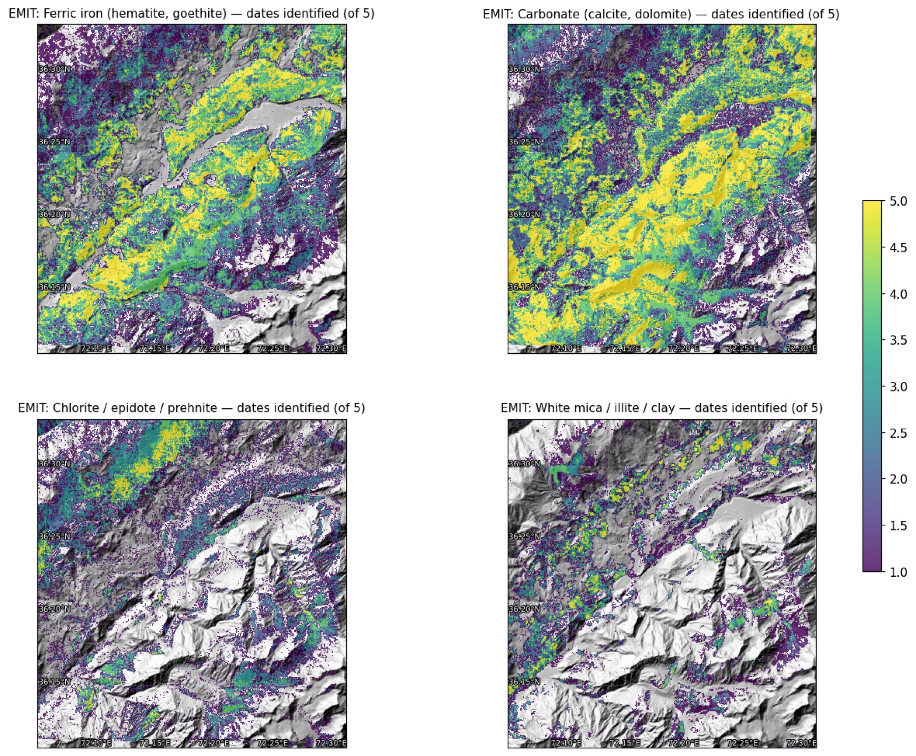 EMIT mineral persistence maps for four mineral families