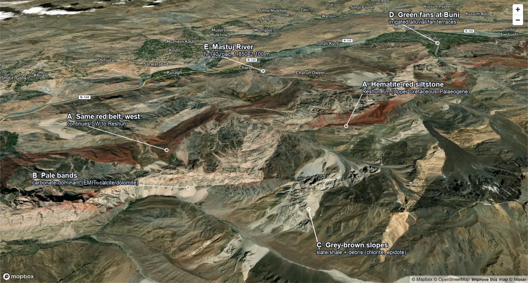 Screenshot of the Mapbox 3D view with rock units labelled