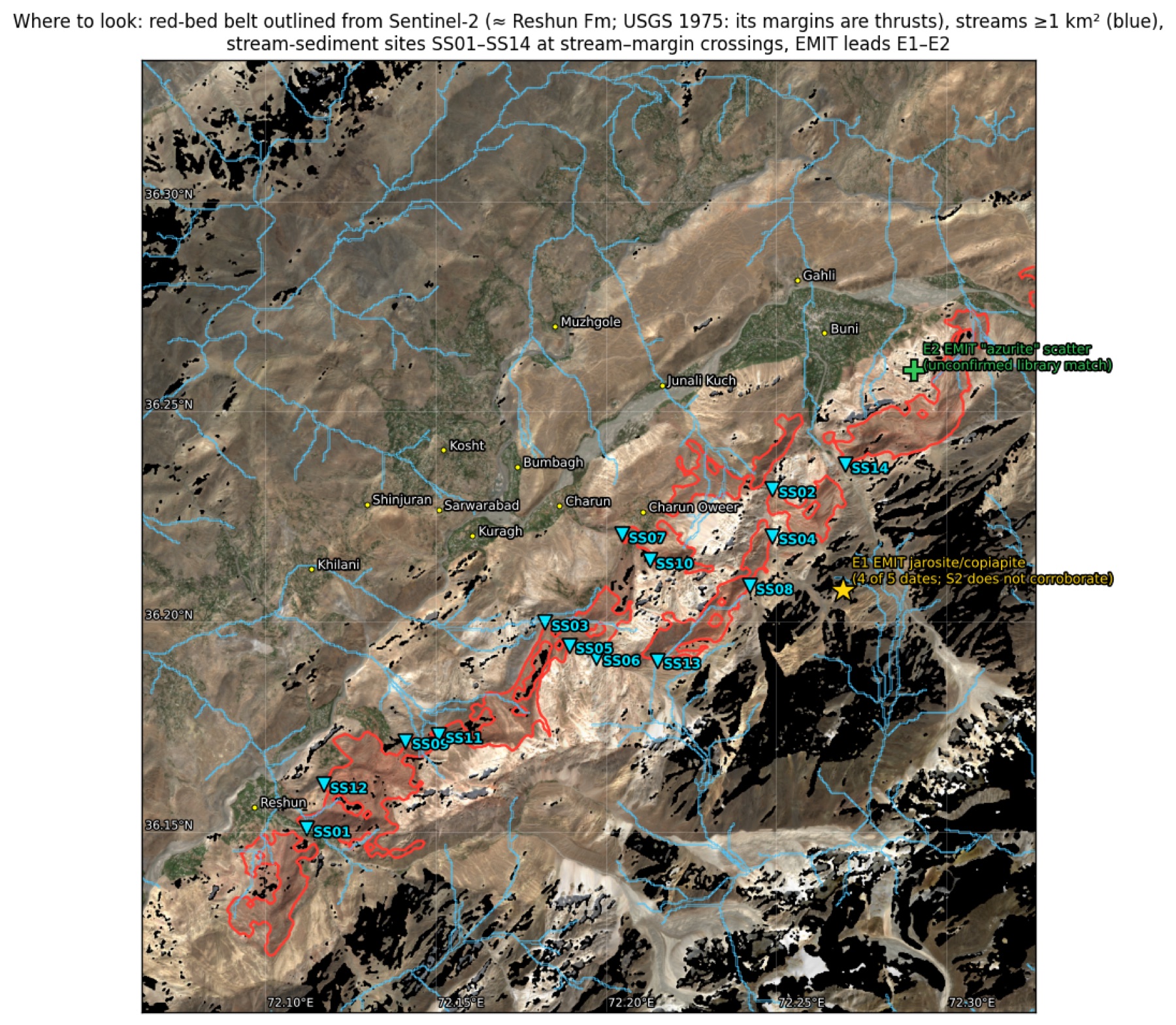 Map of red belt outline, streams and sampling sites