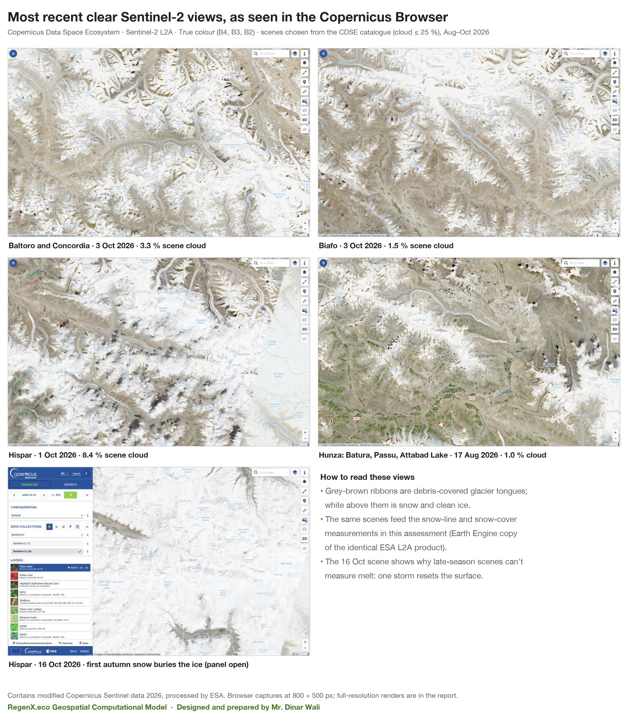 Copernicus Browser captures of recent Sentinel-2 scenes over the key glaciers