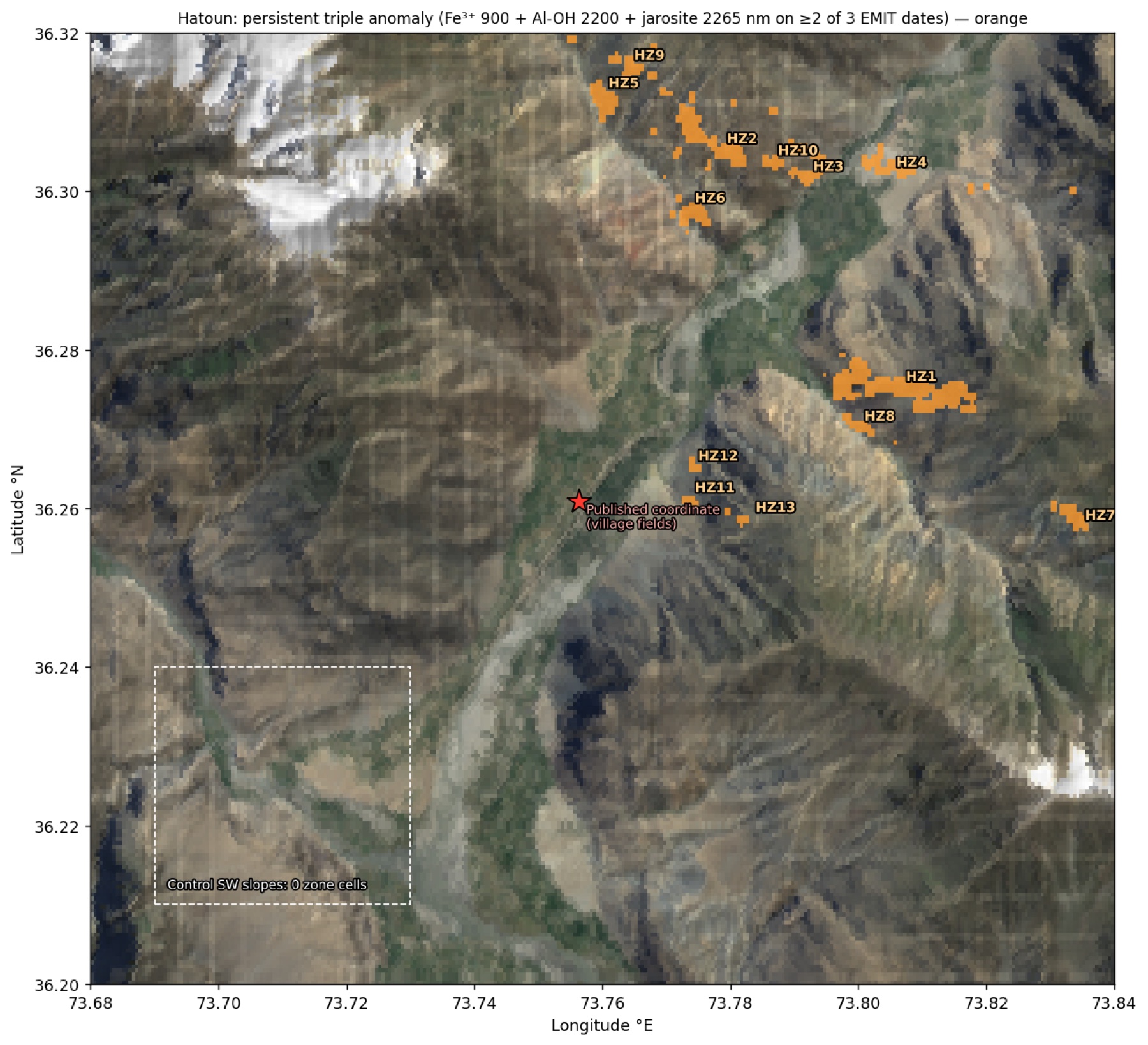 Zone map over EMIT true colour and hillshade