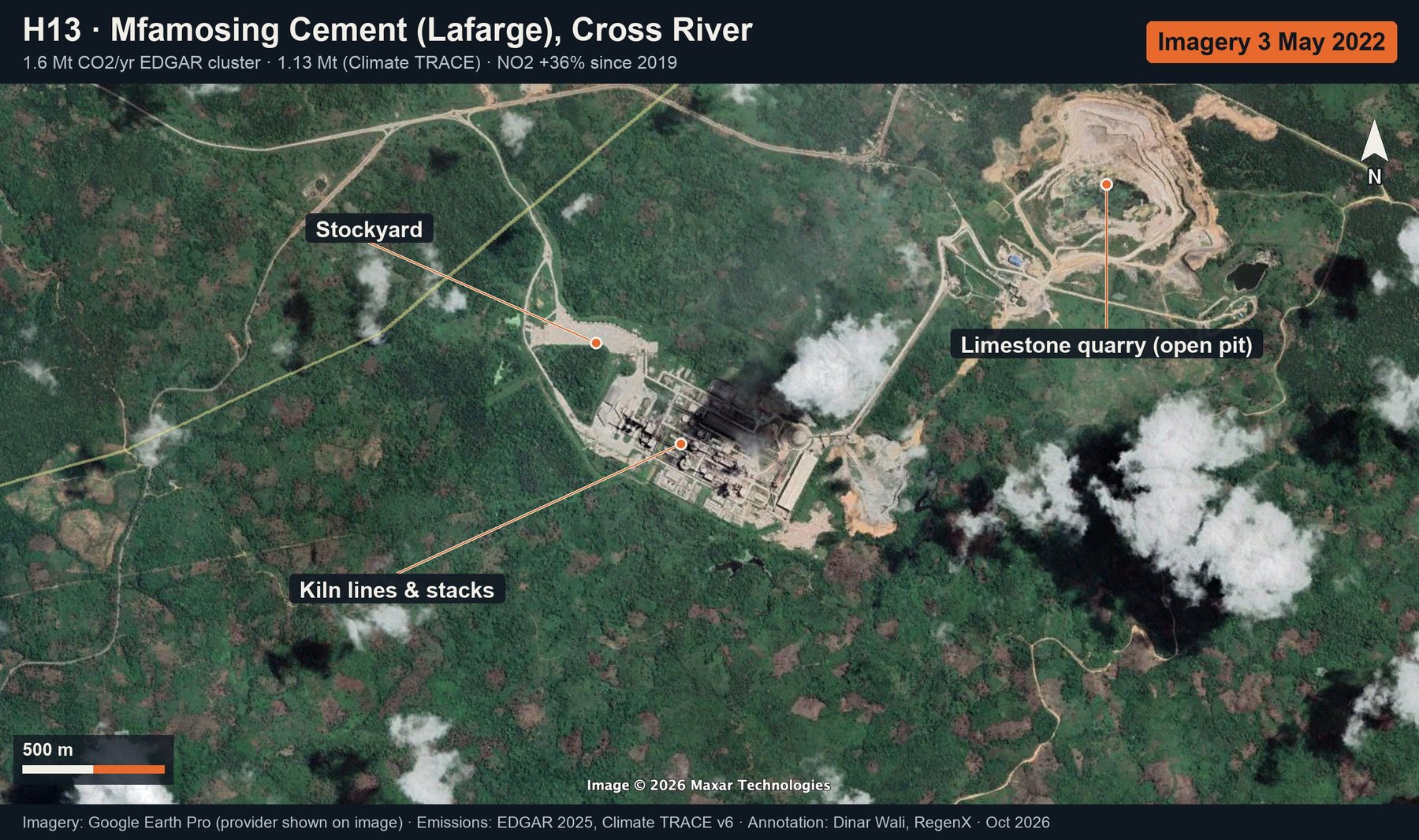 Mfamosing Cement (Lafarge), Cross River: annotated Google Earth imagery (latest only)