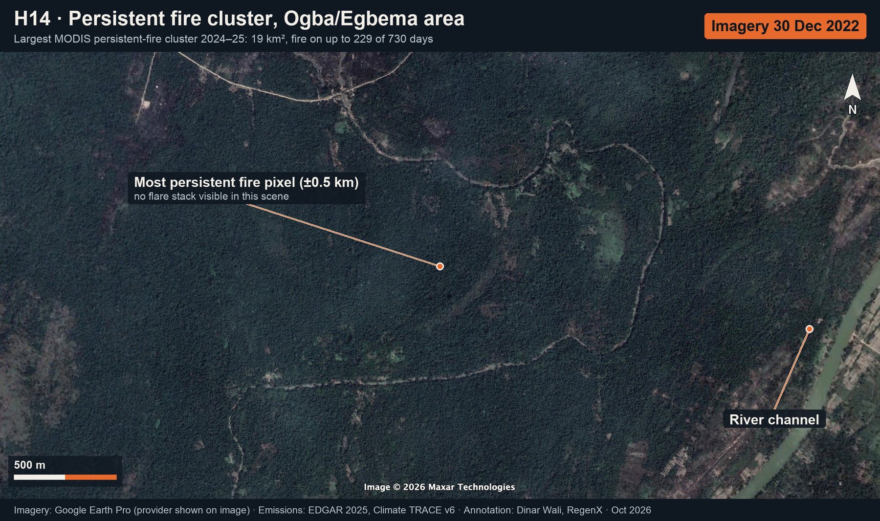 Persistent fire cluster, Ogba/Egbema area: annotated Google Earth imagery (latest only)