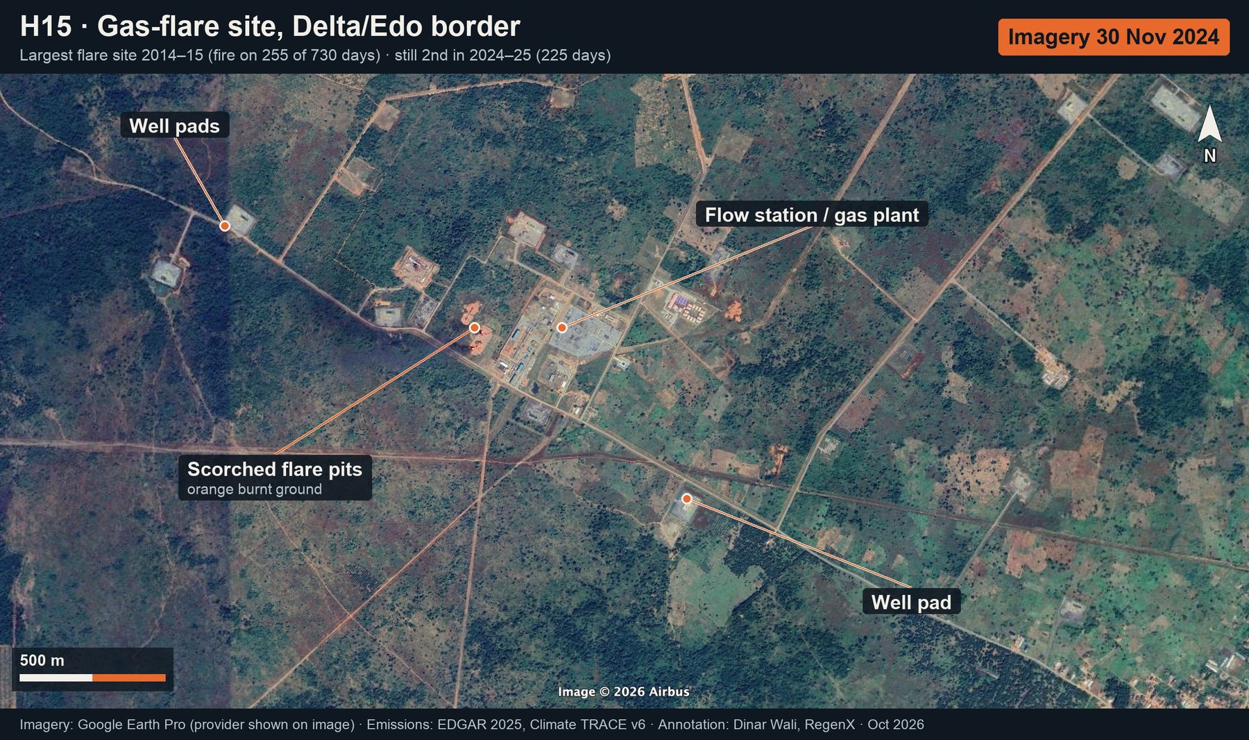 Gas-flare site, Delta/Edo border: annotated Google Earth imagery (latest only)