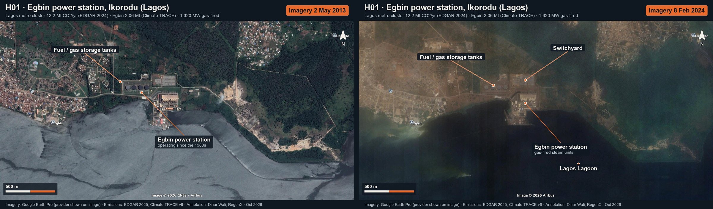 Egbin power station, Ikorodu (Lagos): annotated Google Earth imagery (then and now)
