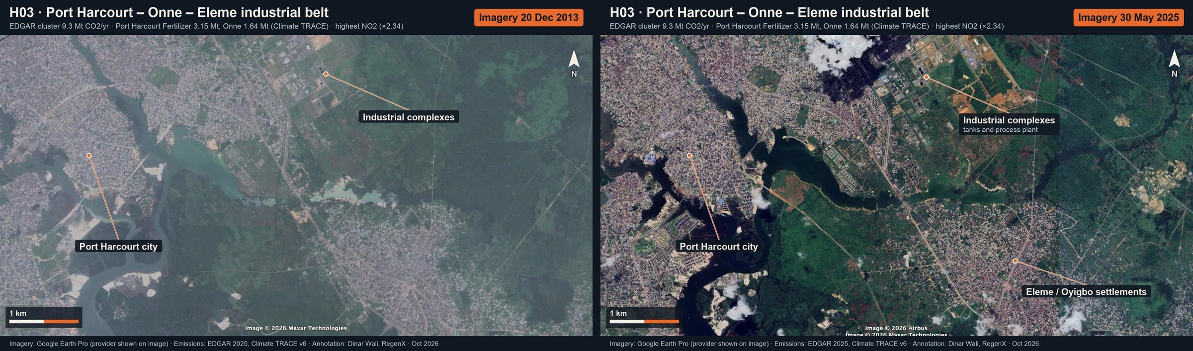 Port Harcourt – Onne – Eleme industrial belt: annotated Google Earth imagery (then and now)