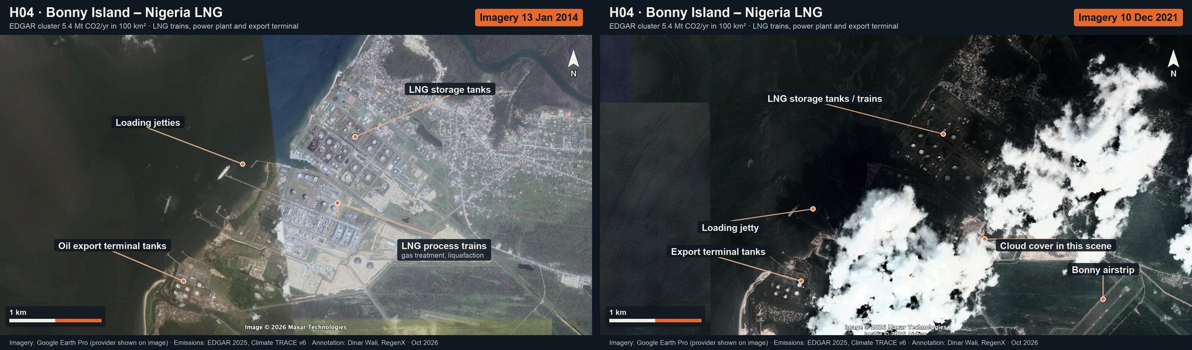 Bonny Island – Nigeria LNG: annotated Google Earth imagery (then and now)