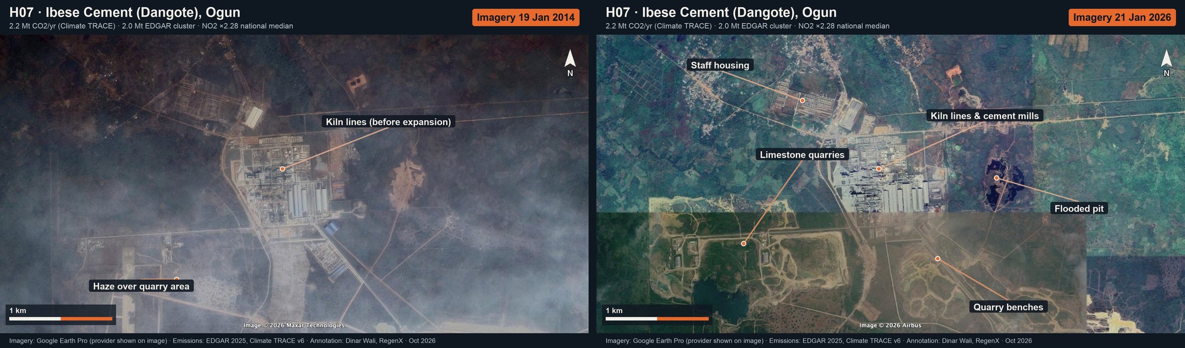 Ibese Cement (Dangote), Ogun: annotated Google Earth imagery (then and now)