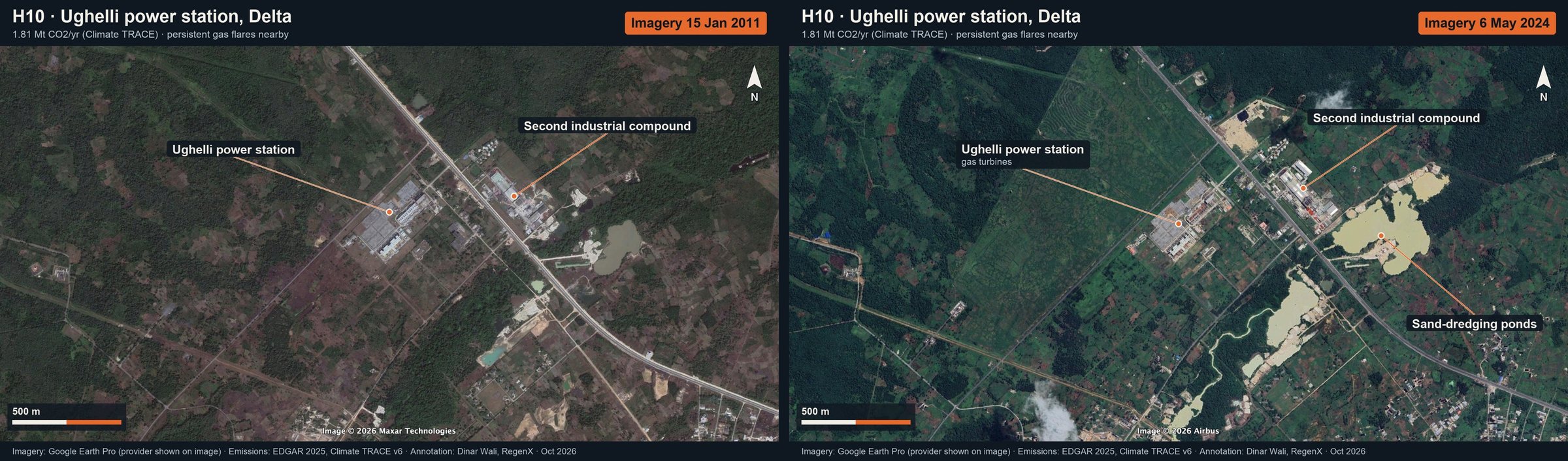 Ughelli power station, Delta: annotated Google Earth imagery (then and now)