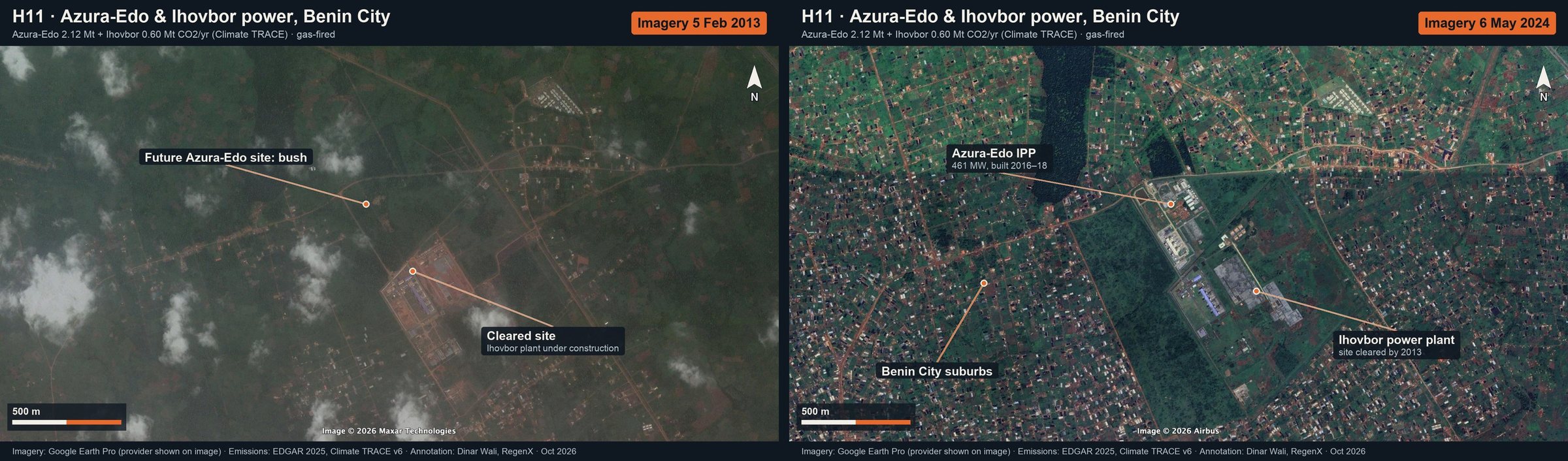 Azura-Edo & Ihovbor power, Benin City: annotated Google Earth imagery (then and now)