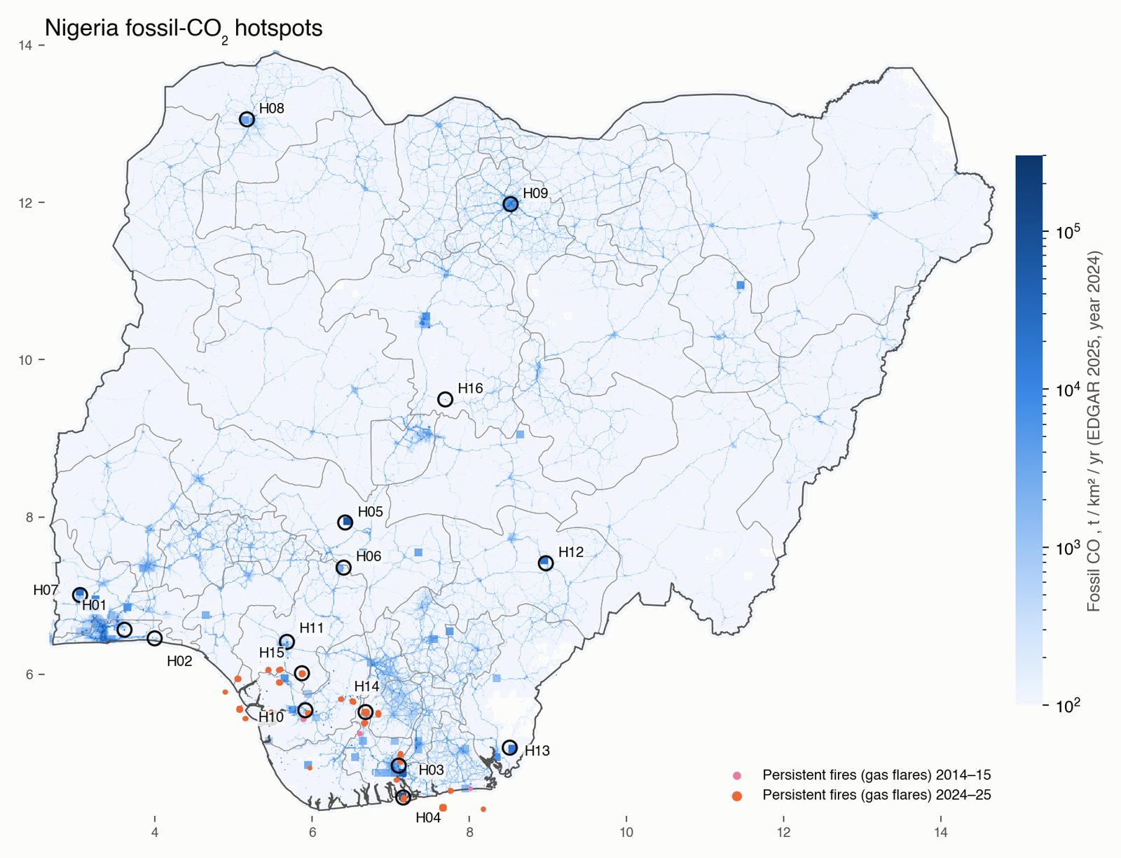 Map of Nigeria fossil CO2 emissions with 16 hotspots and gas flares