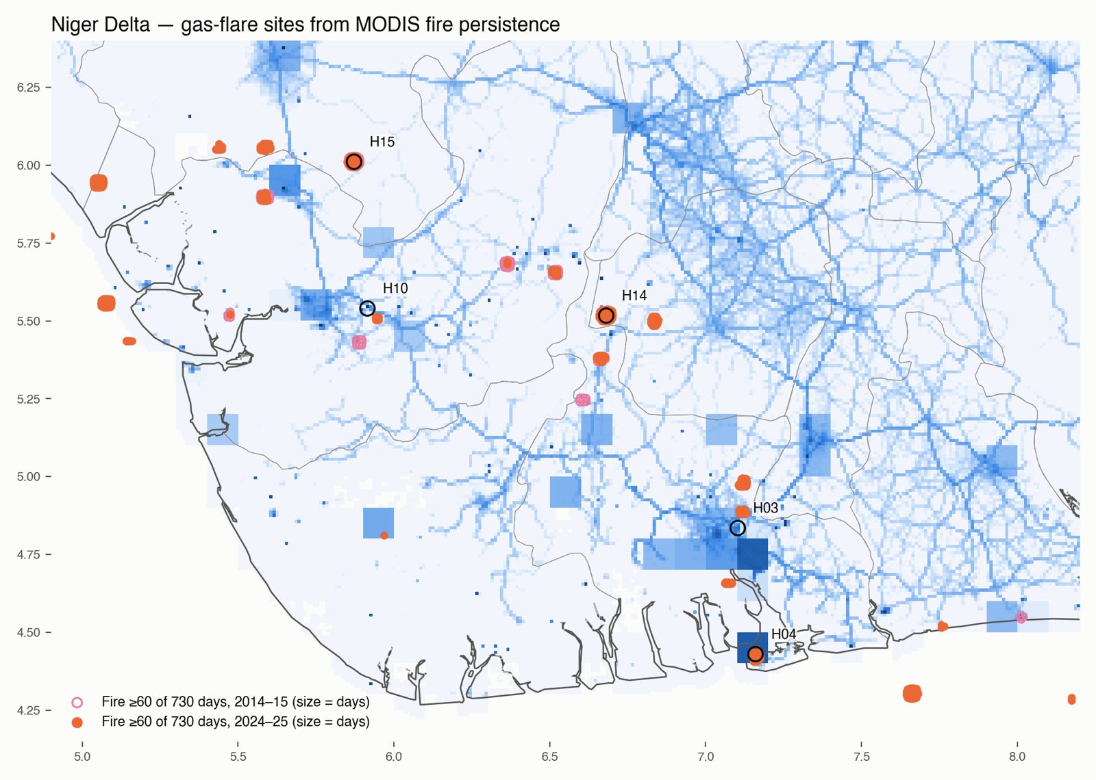Niger Delta map of persistent fire pixels in 2014-15 and 2024-25